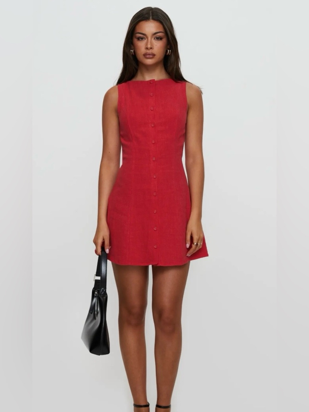 Princess Polly Dolly  Red Sleeveless Button-Front linen blend  Mini Dress